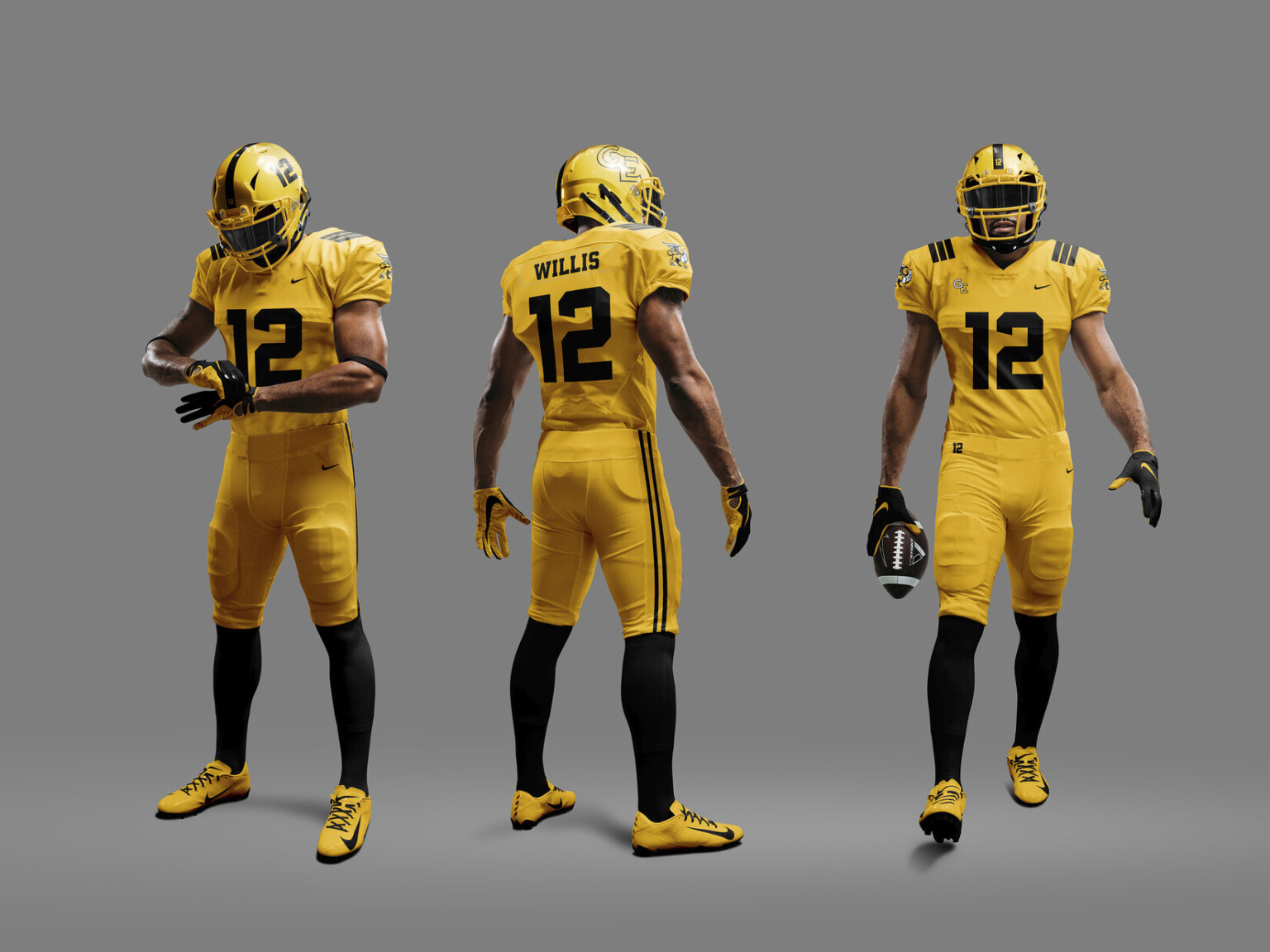 3 view points of yellow football uniform with black accents