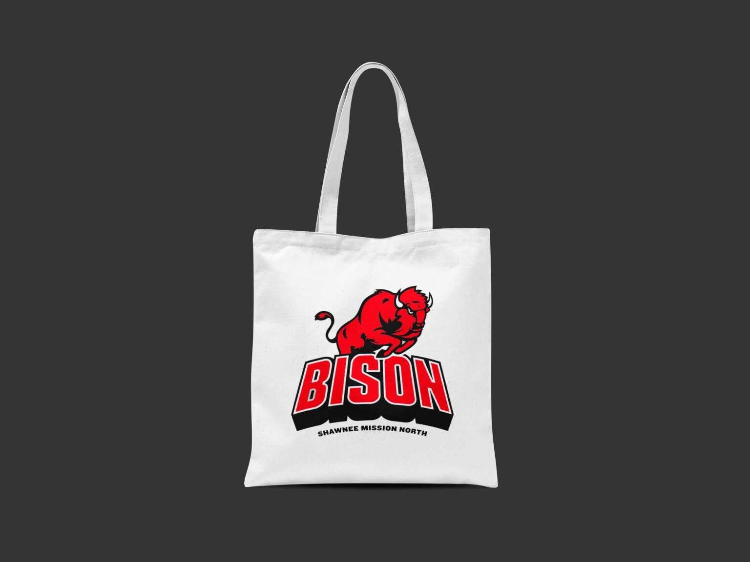 white tote bag with logo and Bison written across the bottom