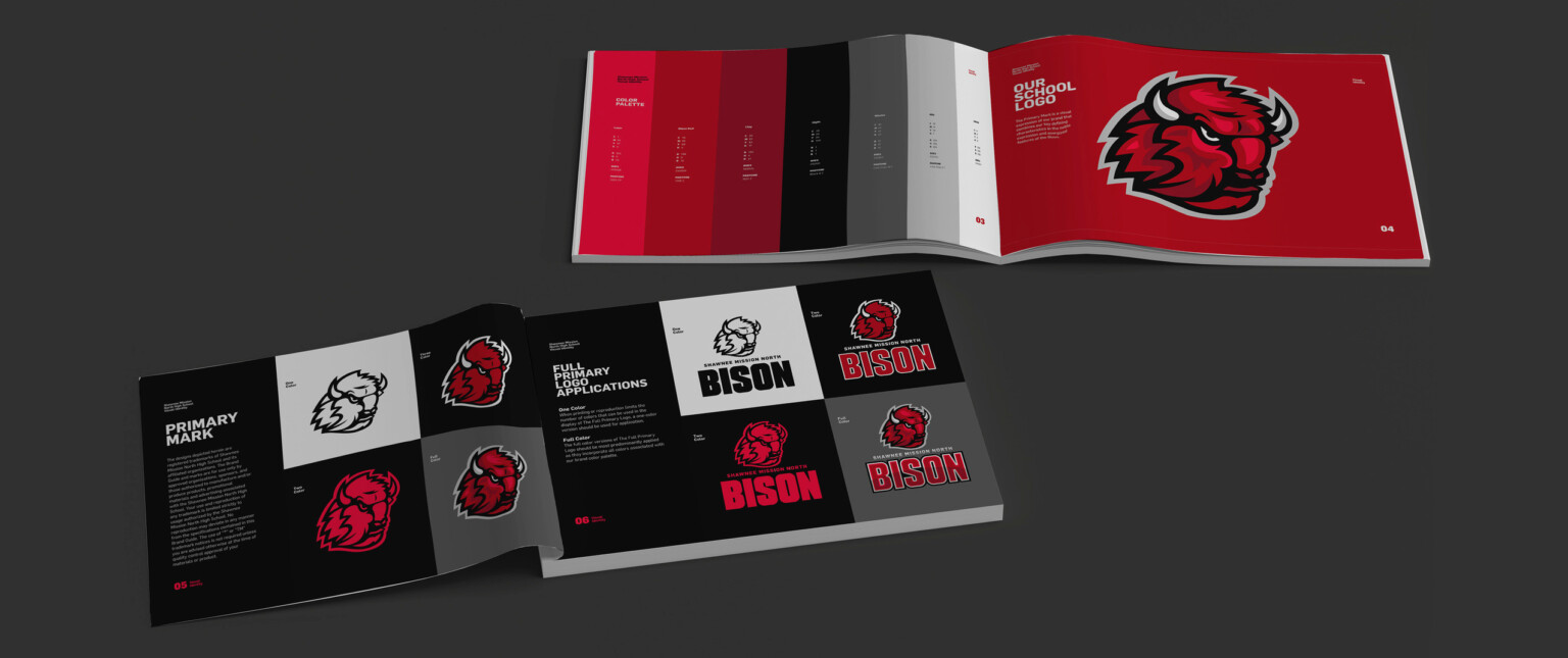Brand book for Shawnee Mission High School Bison, in Kansas. Two page spread with colors