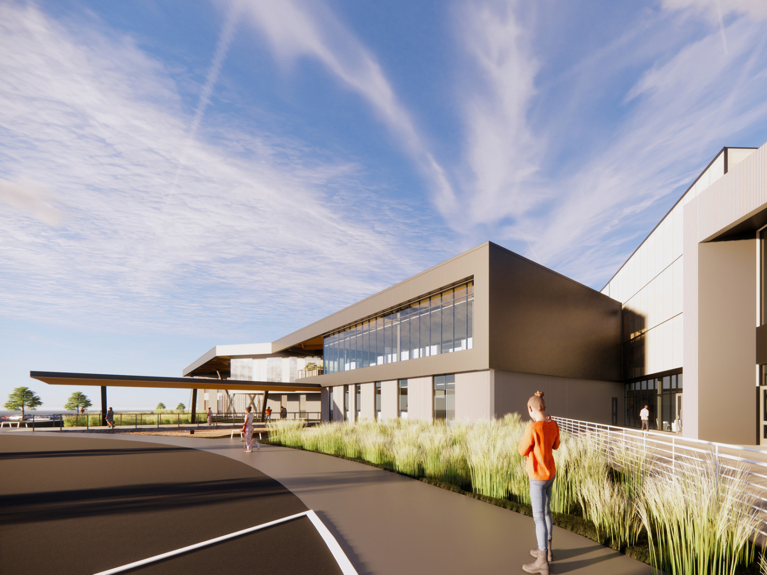 Rendering of exterior of stand-alone career and technical educational center for the Kalamazoo Regional Educational Service Agency
