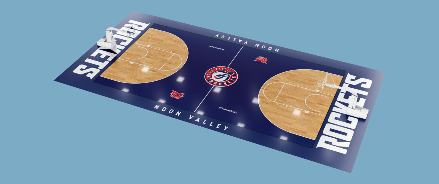 Basketball Court experiential graphic design with monn valley high school logo at center