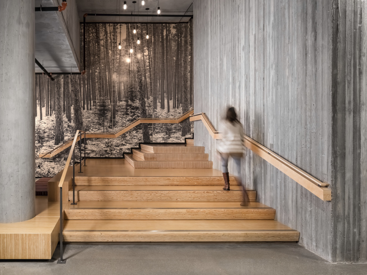 woman walks up wooden stairs surrounded by raw concrete walls. Black and white mural, front of a forest. Angled railing