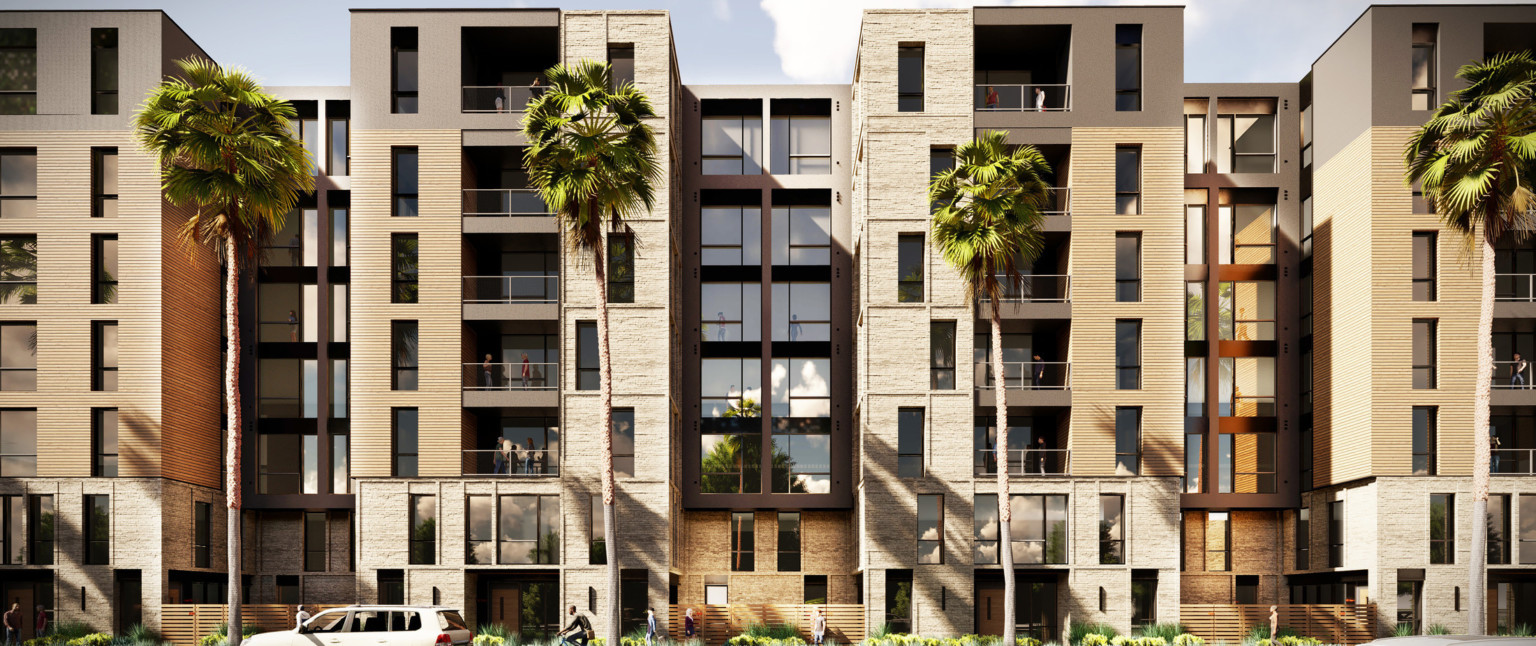 Exterior of 7 story mixed use residential brick building with large windows and balconies on each unit. Lined with palm trees