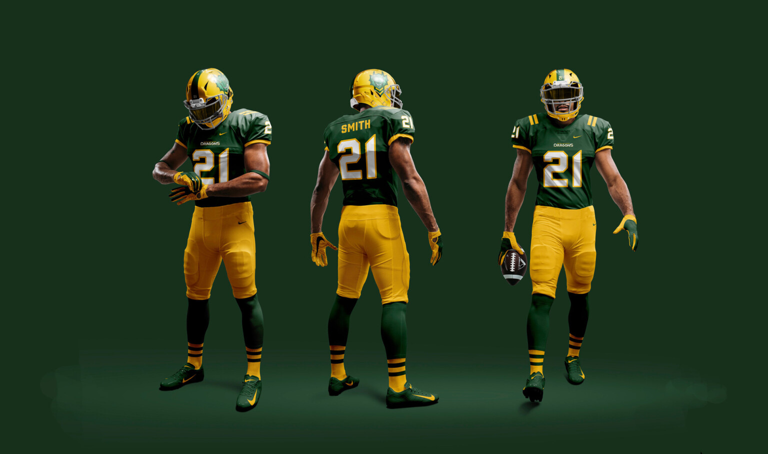 3 view points of yellow and green football uniform