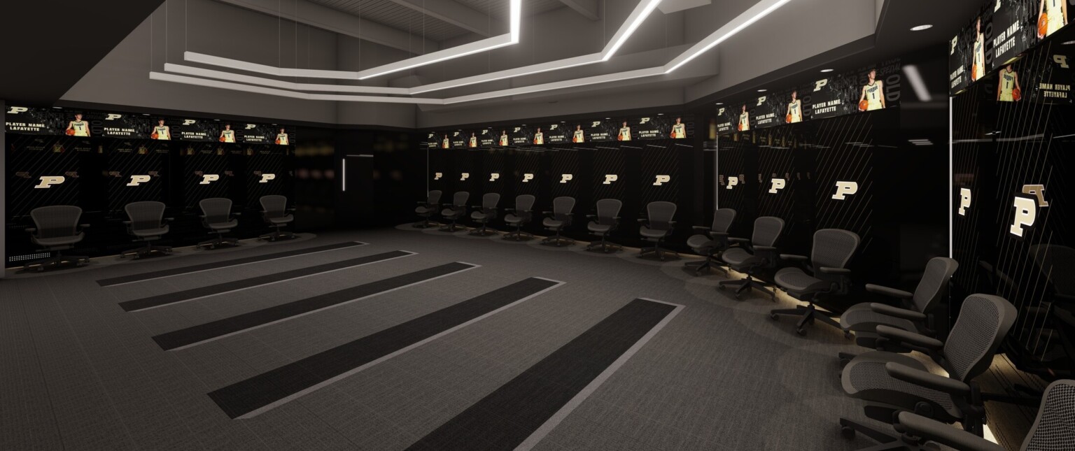 Locker room with flexible rolling chairs in front of each locker with screens showing name and photo of players, arched lighting accent