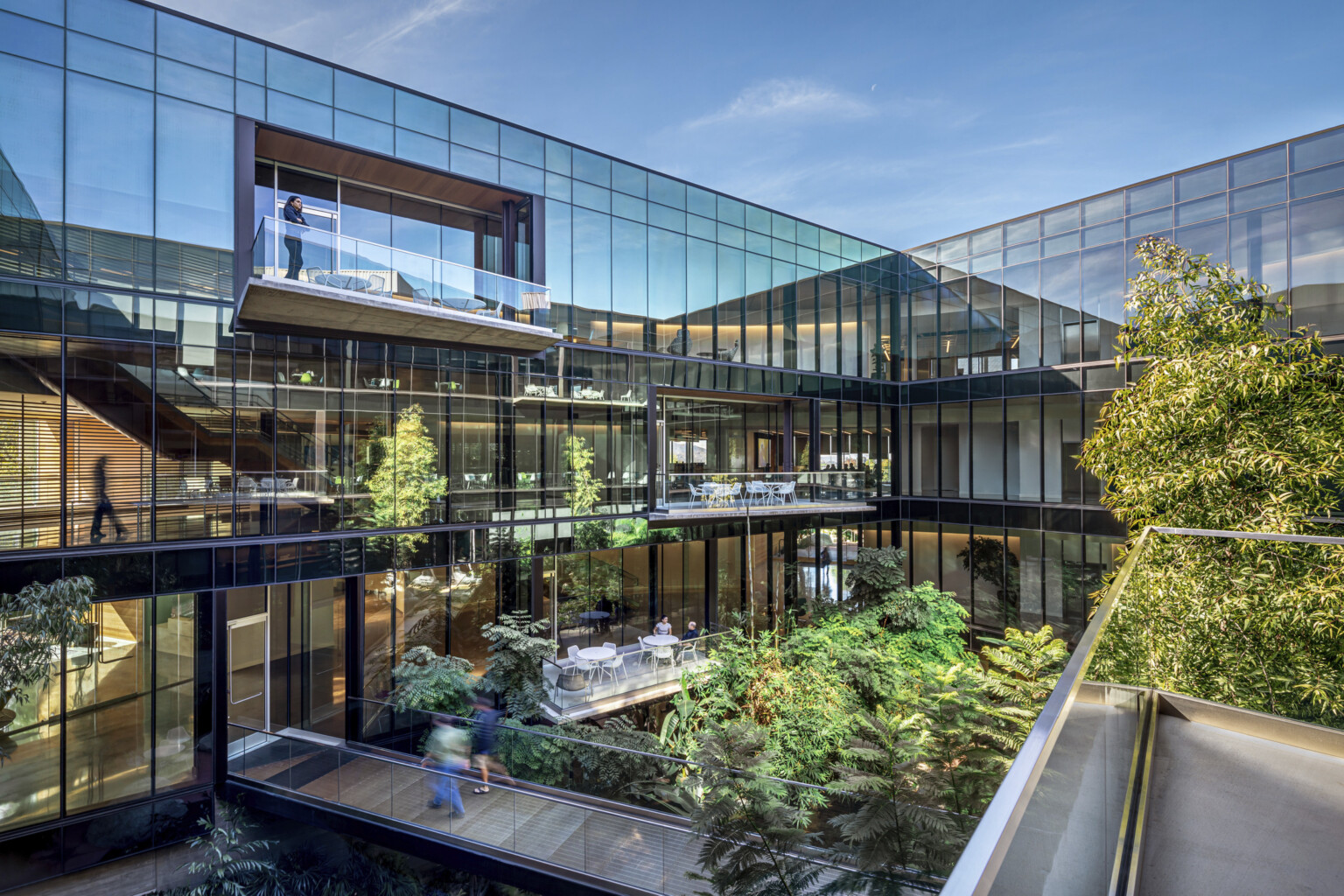 ESRI office workplace design with glass facade and biophilia greenery