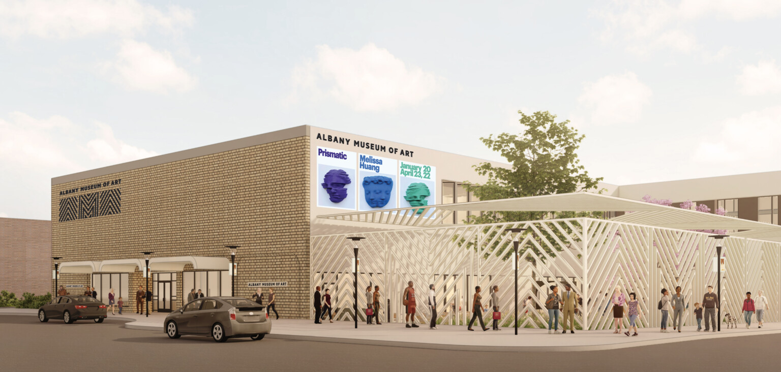 Rendering of the Albany Museum of Art, a multistory building with stone facade and geometric wall and canopy over courtyard Rendering of the Albany Museum of Art, a multistory building with stone facade and geometric wall and canopy over courtyard