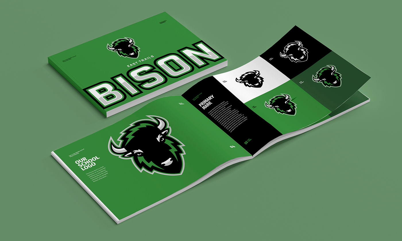 Brand book for East Trails Middle School Bison, in Missouri. Two page spread with colors, shades of green and white, bison logo Brand book for East Trails Middle School Bison, in Missouri. Two page spread with colors, shades of green and white, bison logo