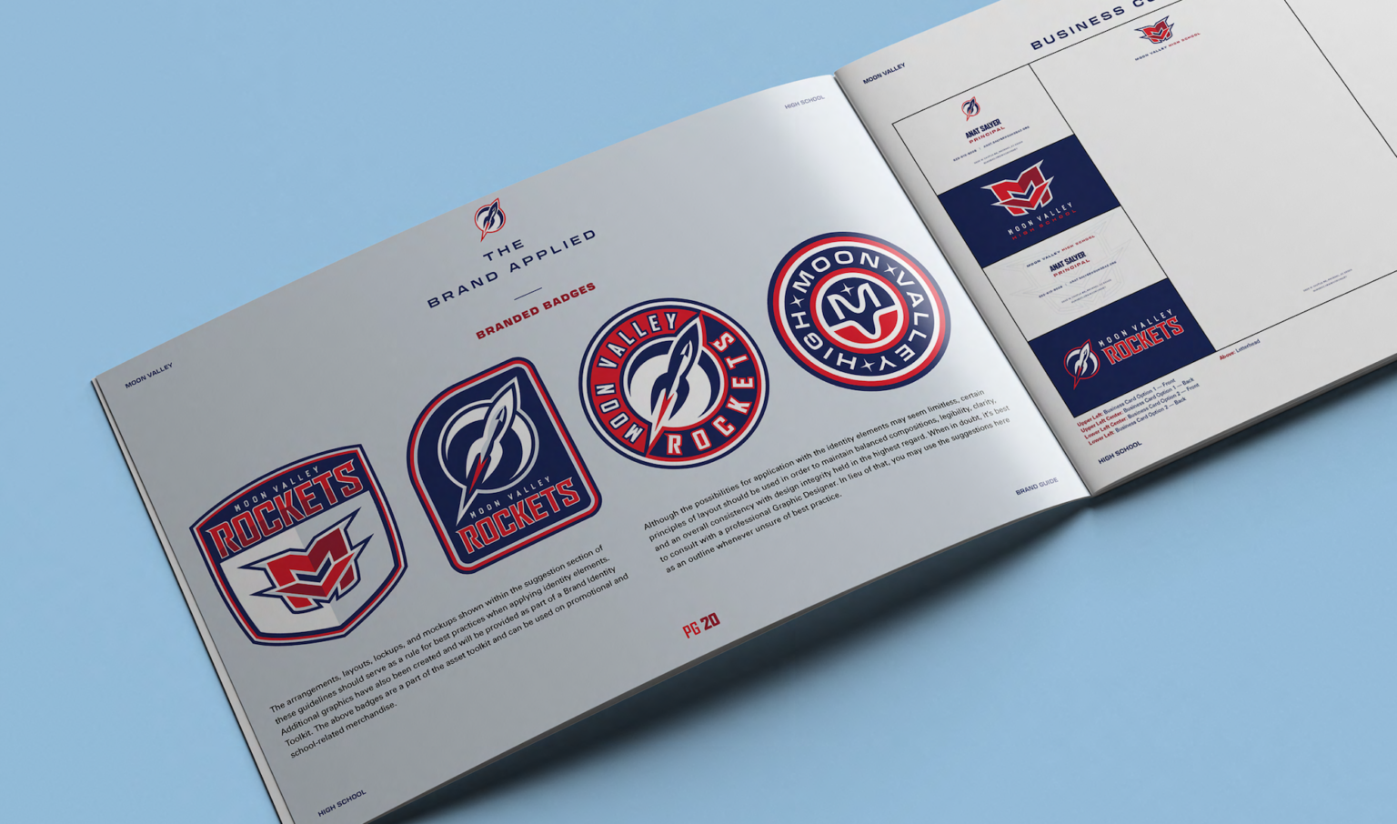 Brand book for the Moon Valley Rockets, in Arizona. Two page spread of logo treatments and color palettes
