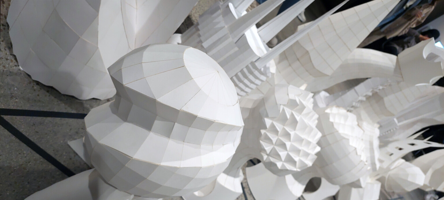 complex white shapes, spires, spheres, abstract geometries, folded grid, origami, modern art complex white shapes, spires, spheres, abstract geometries, folded grid, origami, modern art
