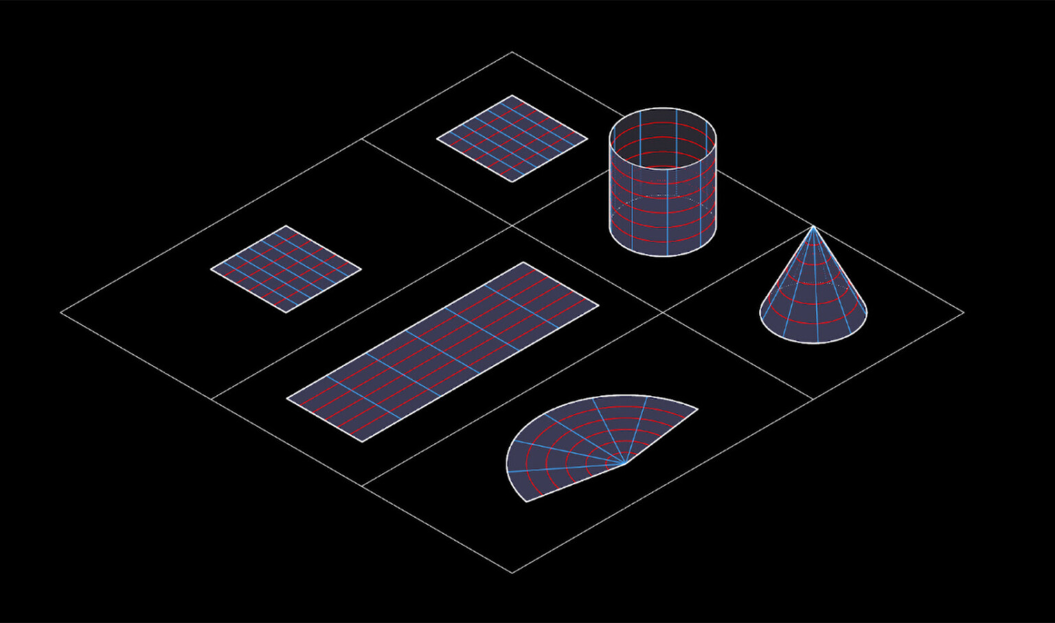 computer generated shapes on black screen, flat gridded shapes, three dimensional gridded shapes, cone, rectangle
