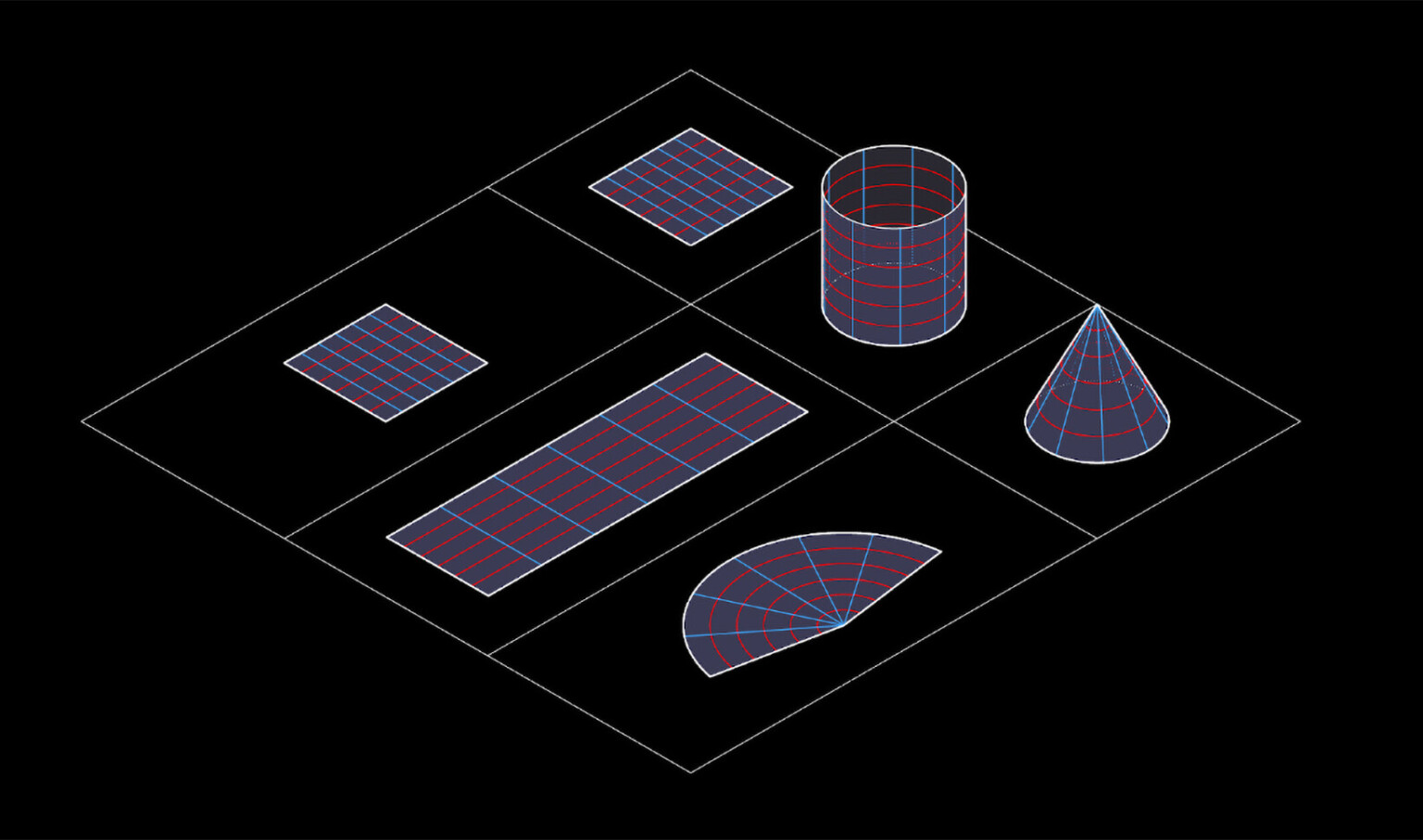 computer generated shapes on black screen, flat gridded shapes, three dimensional gridded shapes, cone, rectangle computer generated shapes on black screen, flat gridded shapes, three dimensional gridded shapes, cone, rectangle