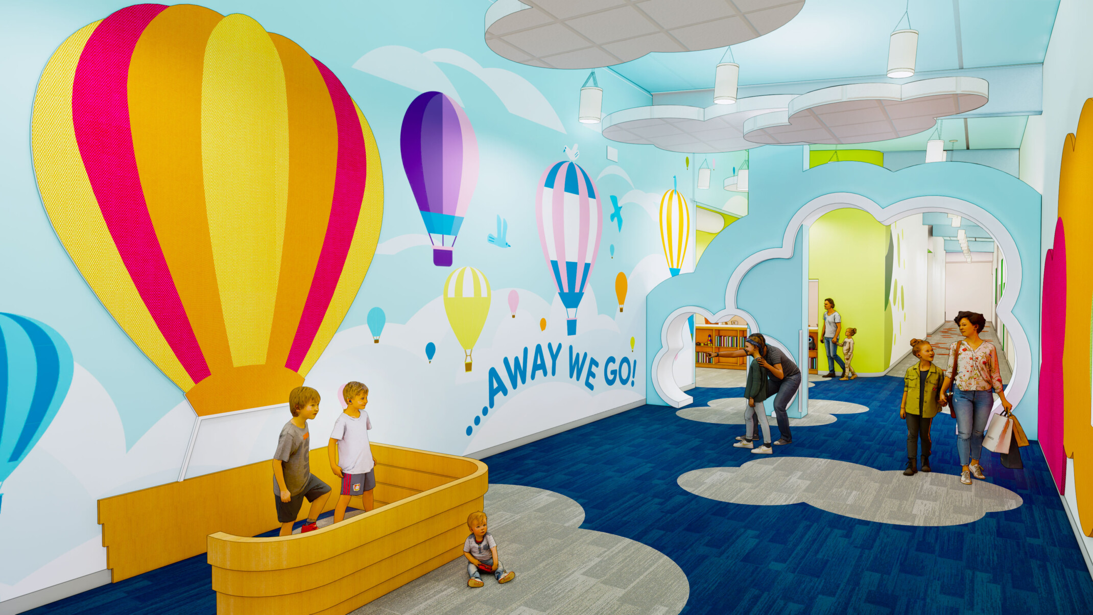 Tomball Early Excellence Academy rendering. Mural of hot air balloons flying, hanging clouds and cloud shaped hall divider