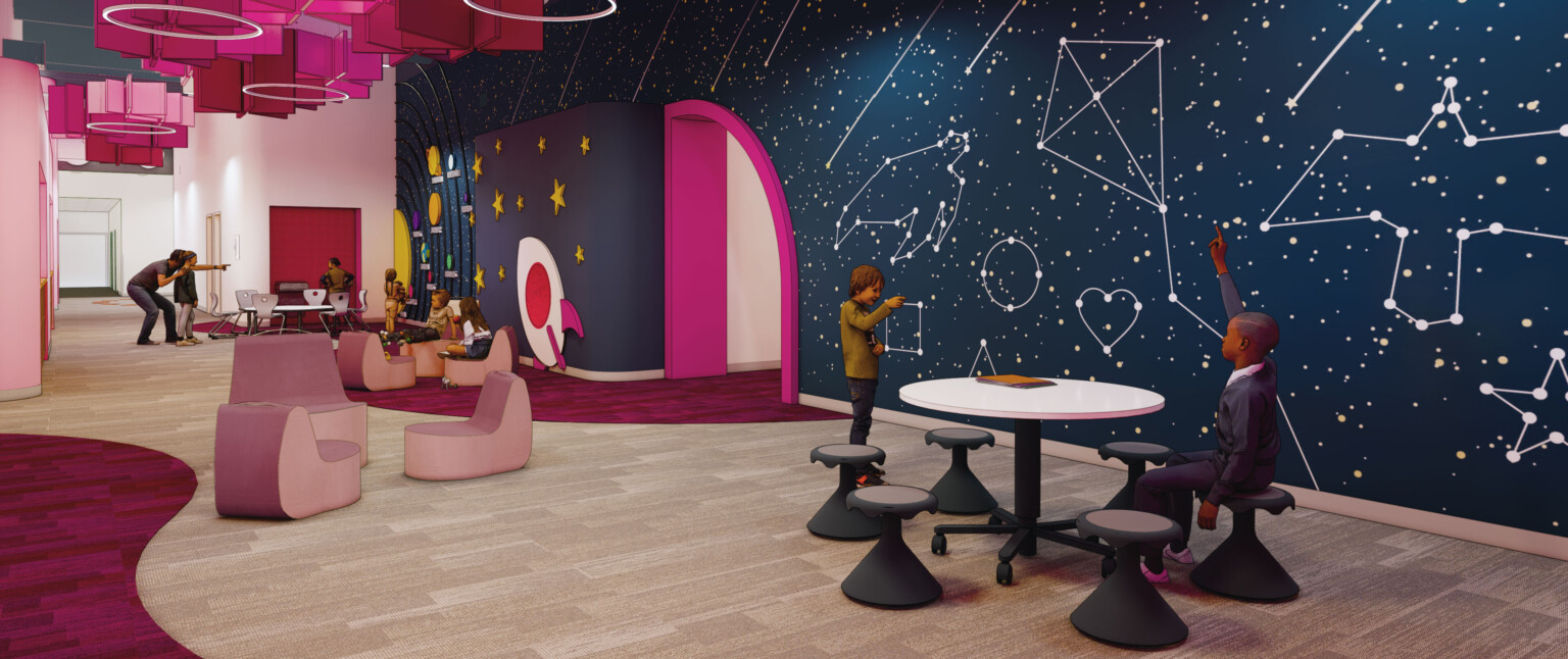 Mural of night sky with animal constellations, rocket, model solar system. Pink wall accents and asterisk shaped baffles.