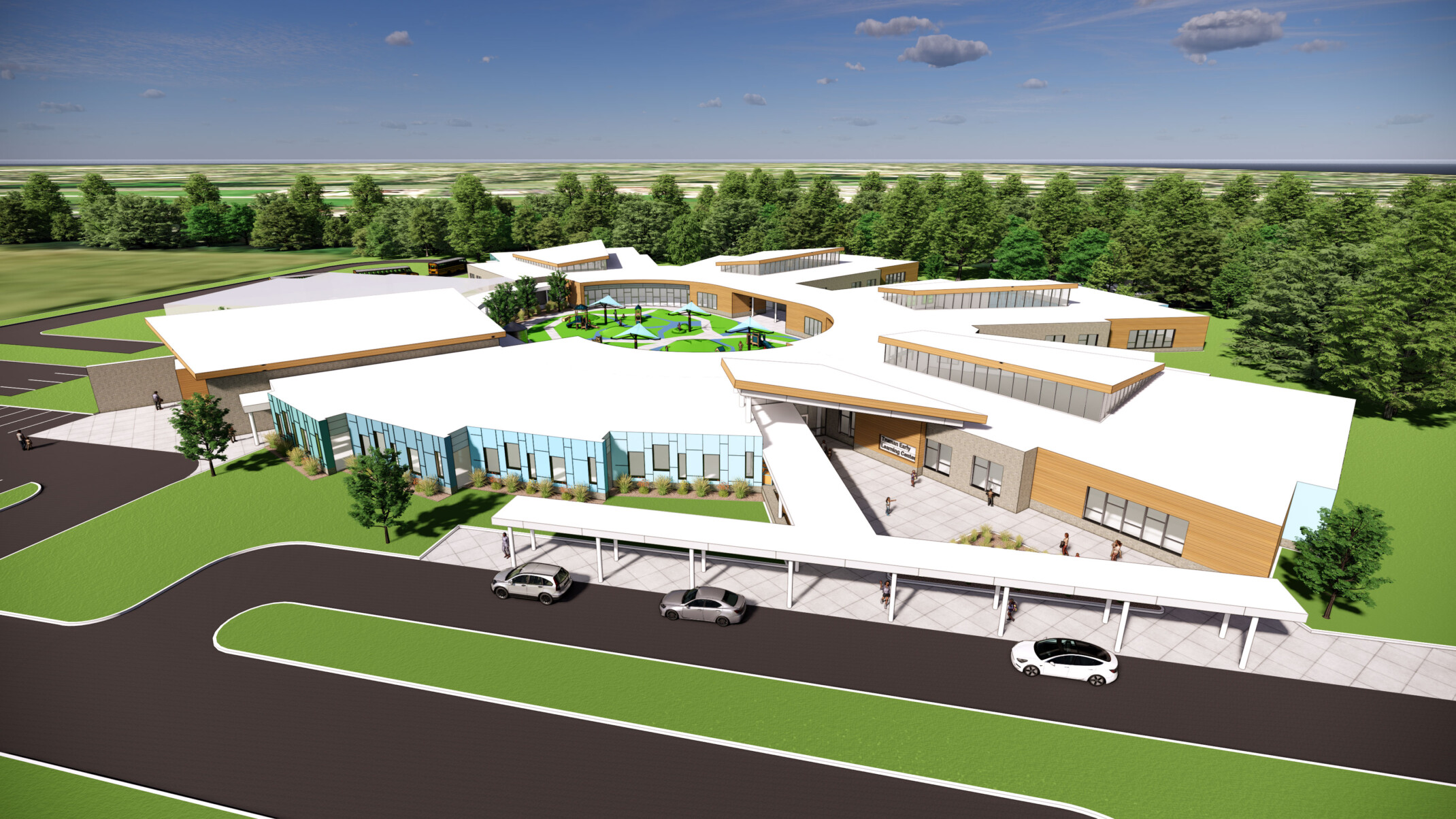 Exterior aerial rendering of Truman Early Childhood Education Center, an angular roofed building with round courtyard center