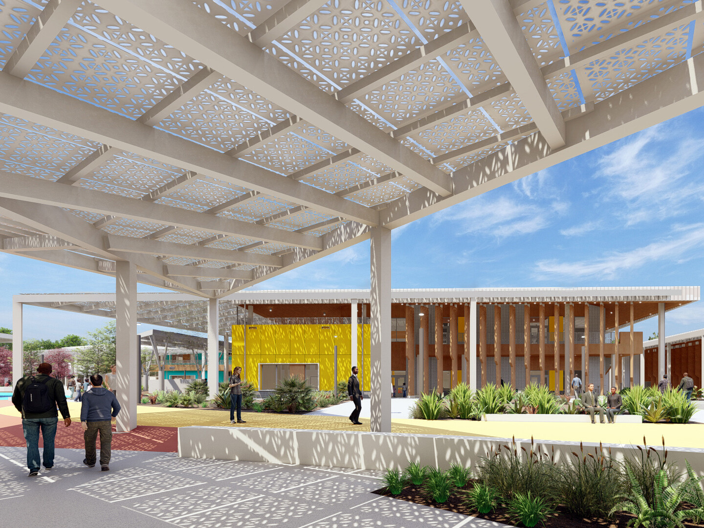 U.S. Virgin Islands Department of Education campus rendering. Courtyard with perforated sun canopies, yellow building opposite