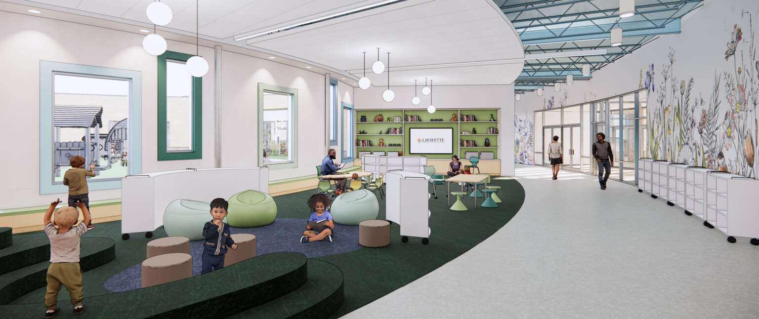 Curved hallway with mural of plants, green accent walls, globe lights in common area play space, left, with windows to playground
