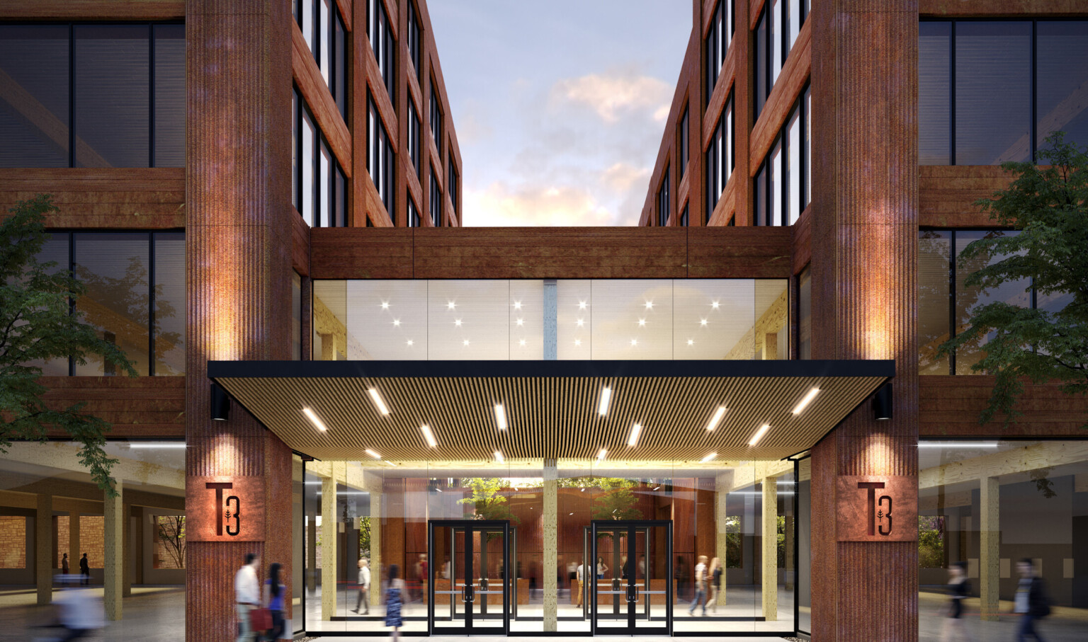 Distinctive steel cladding sets the mass timber building apart in the developing neighborhood, warm, exposed wood structure, floor-to-ceiling windows, area has public transportation, pedestrian walkways, open space, and bike-friendly options Distinctive steel cladding sets the mass timber building apart in the developing neighborhood, warm, exposed wood structure, floor-to-ceiling windows, area has public transportation, pedestrian walkways, open space, and bike-friendly options
