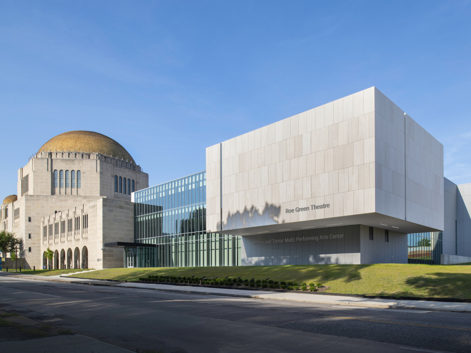 Design concept of front entrance of the concrete and glass geometric addition to the historic dome temple at Case Western Reserve University for the 2022 Green Building Challenge Award