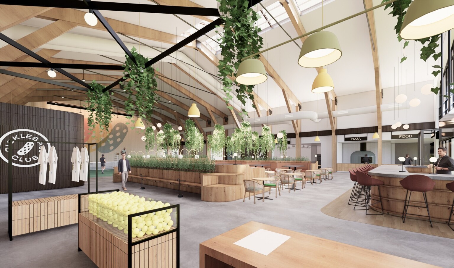 Food court in Pickle Ball area with skylights, natural daylight, custom lighting fixtures hang from high-ceilings, seating areas, and modern light wood furnishings