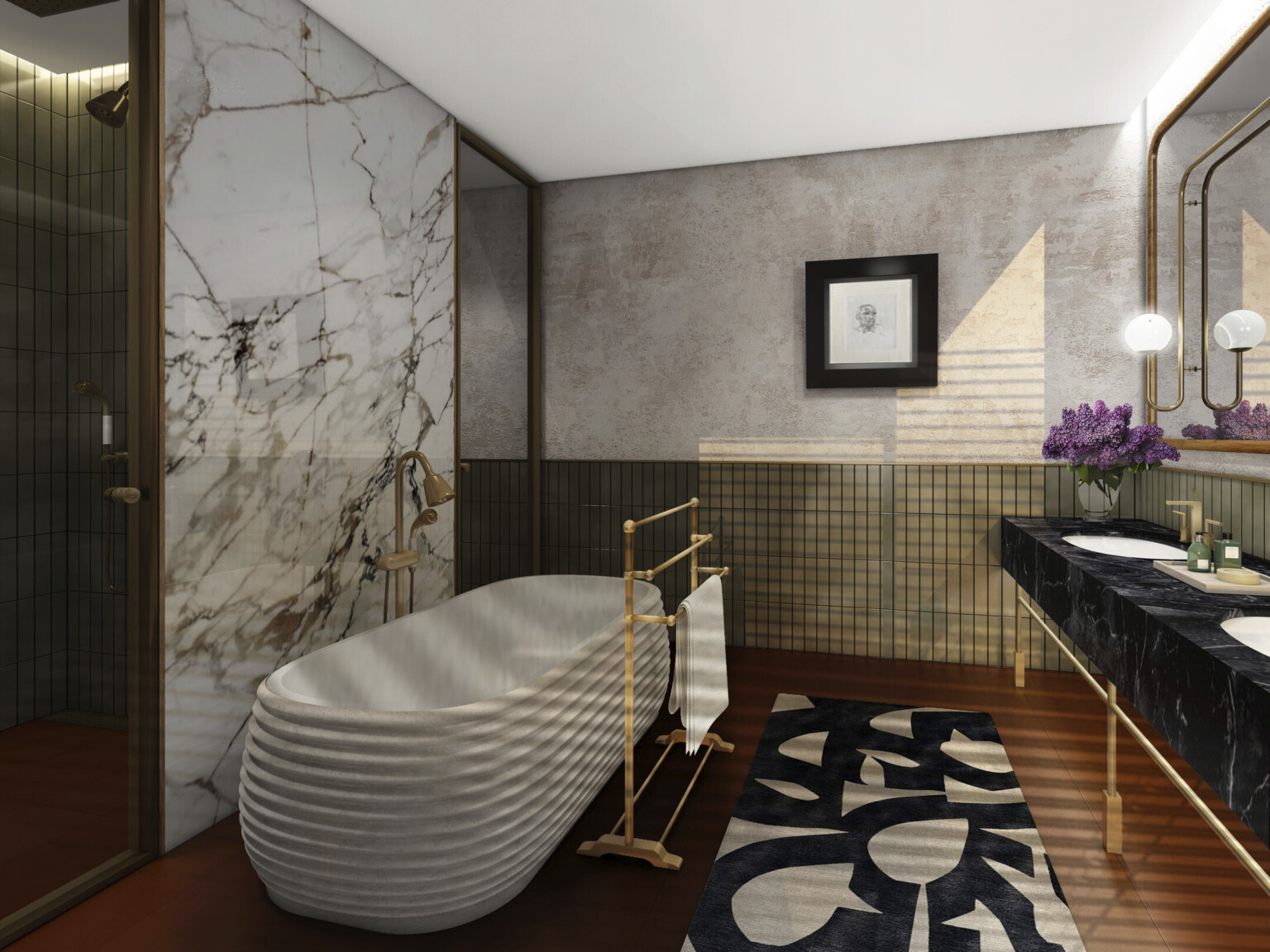 Bathroom with mix of dark and white marble on counters and wall, earth tone tile and textural wall, ribbed white stone tub