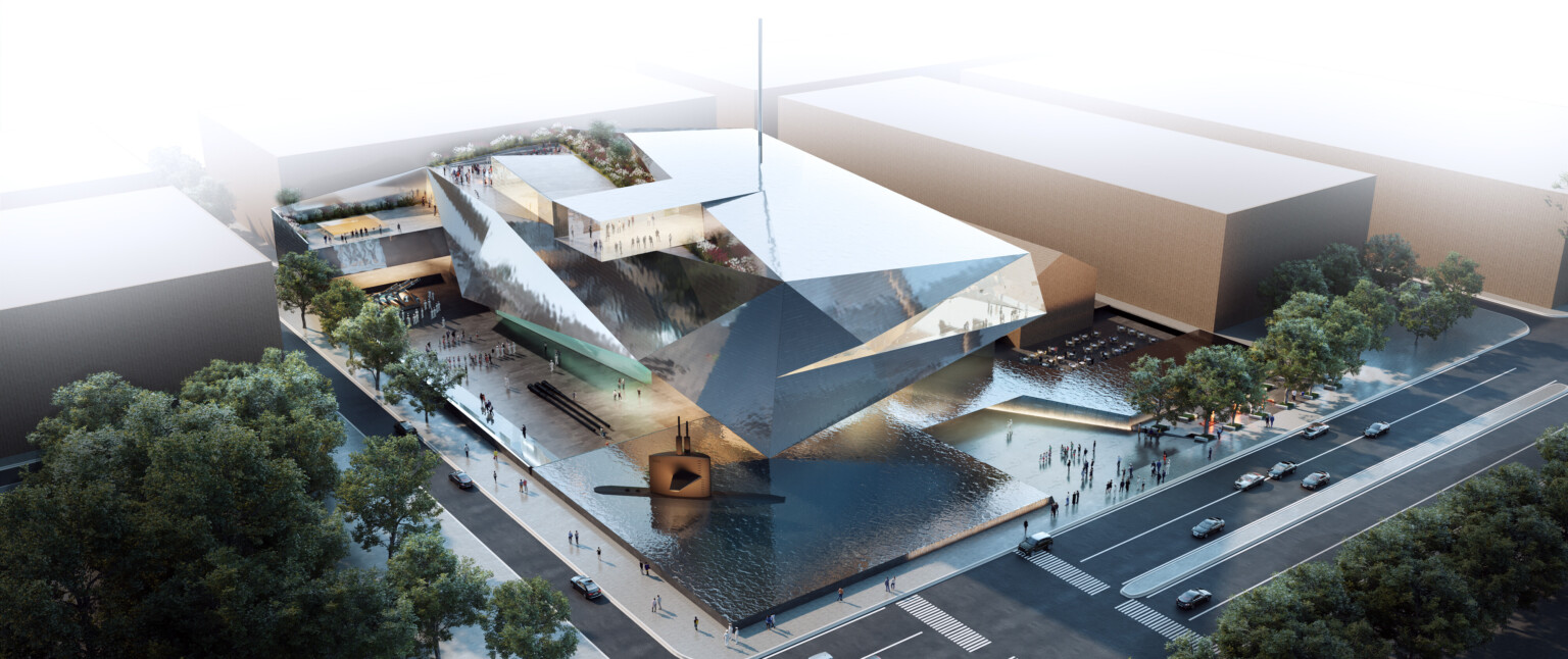 Geometric abstracted building shape, water feature, design concept rendering aerial view.