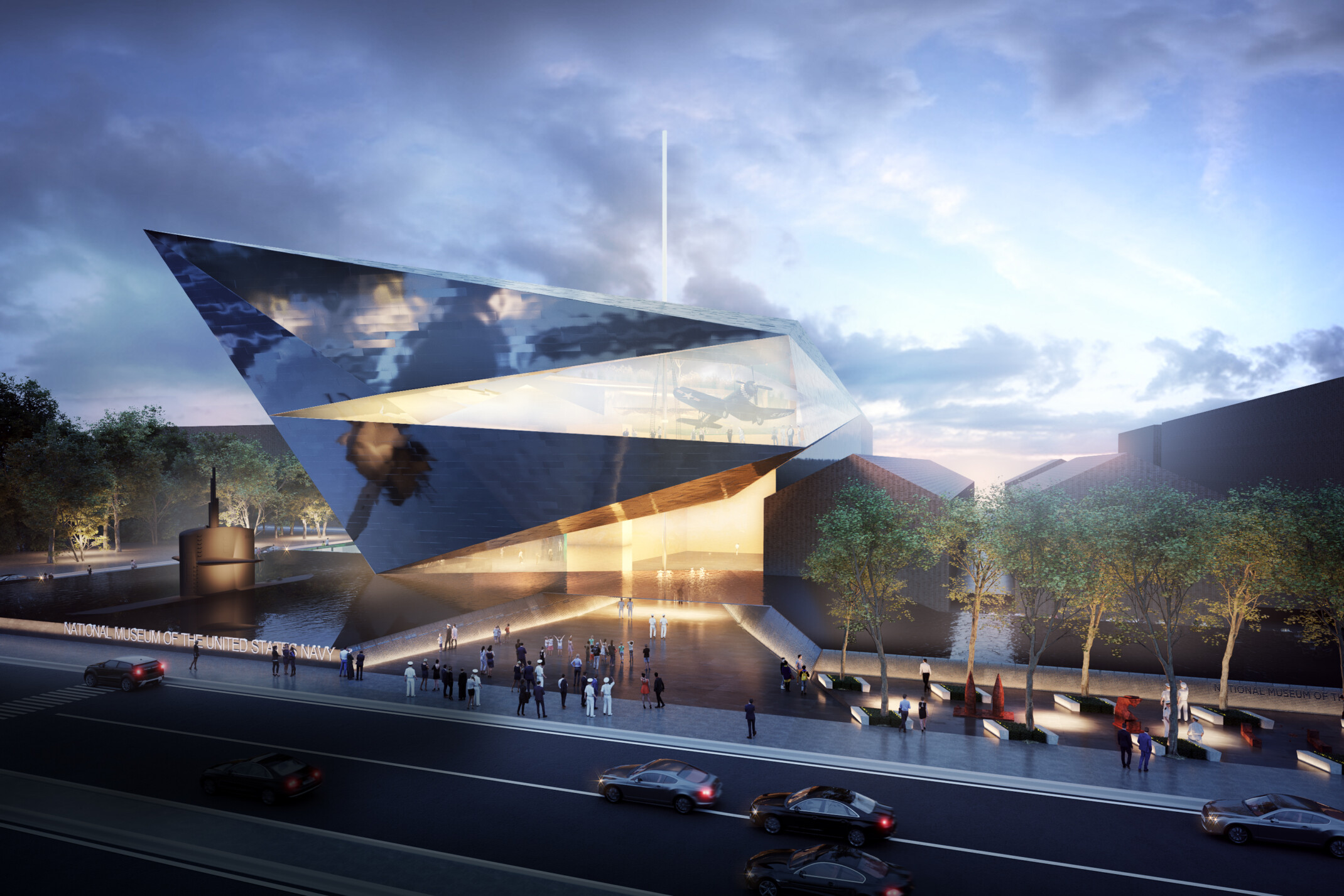 Angular multi-dimensional façade with water feature, main entrance with long driveway, design concept rendering of the National Museum of the U.S. Navy
