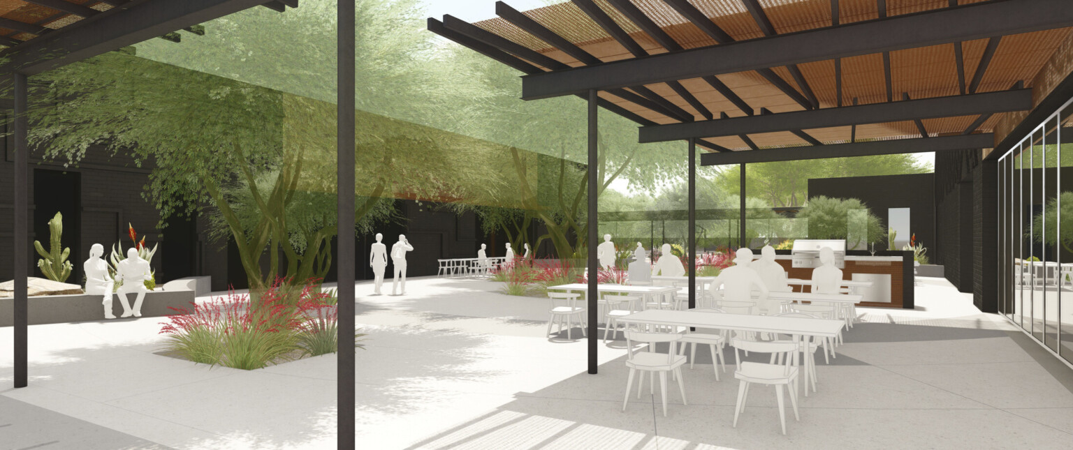 Design rendering, outdoor courtyard, seating, pergola provides shade and protect from weather elements, dark brick façade, trees, sustainable landscaping