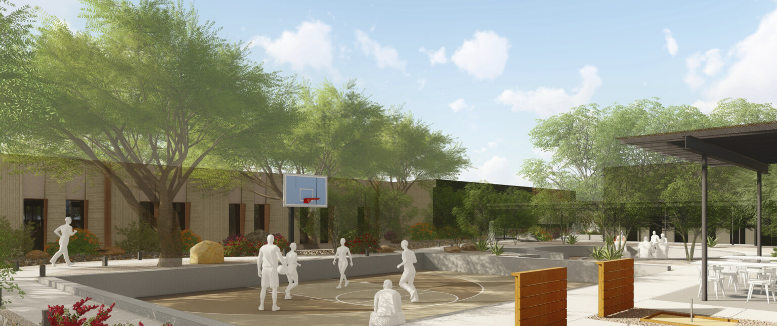 Design rendering, recreation area, half-court basketball court, trees, circular concrete conversation pit, fire pit, shade trees, sustainable landscaping
