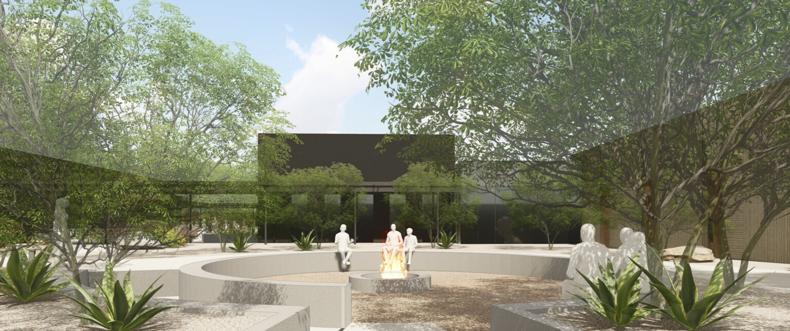 Design rendering, outdoor seating area, trees, circular concrete conversation pit, fire pit, facility in distance, dark brick façade, calming, sustainable landscaping