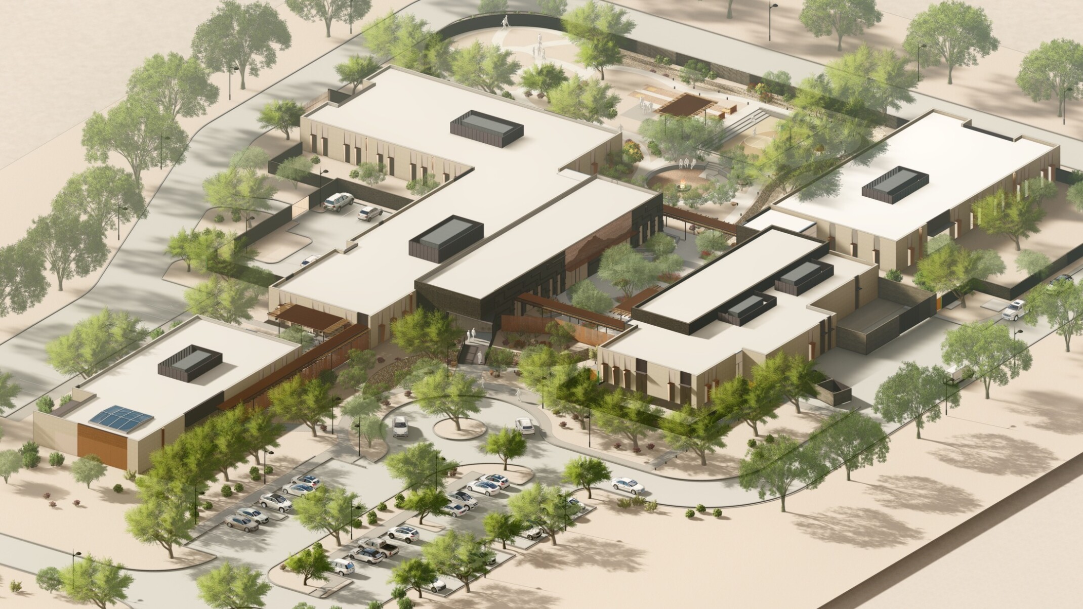 Aerial design concept, trees, parking lot, large facility, community wellness Aerial design concept, trees, parking lot, large facility, community wellness
