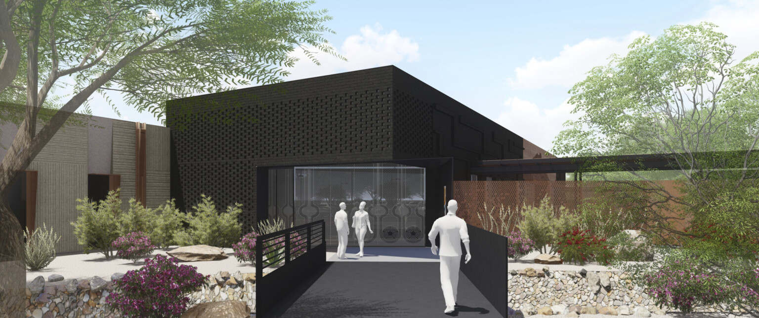 Design rendering, entrance to modern treatment center, walkway with dark brick façade , high-ceilings, large windows, calming landscaping
