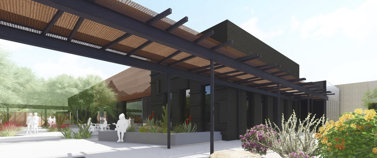 Design rendering, modern treatment center, entrance walkway with dark dark brick façade, large overhang, calming, sustainable landscaping